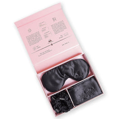 Set Matase Mulberry, Fata de Perna, Masca Somn, 3 Elastice Par, Black, Cutie Cadou