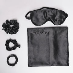 Set Matase Mulberry, Fata de Perna, Masca Somn, 3 Elastice Par, Black, Cutie Cadou