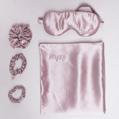 Set Matase Mulberry, Fata de Perna, Masca Somn, 3 Elastice Par, Pink, Cutie Cadou