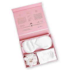 Set Matase Mulberry, Fata de Perna, Masca Somn, 3 Elastice Par, Ivory, Cutie Cadou